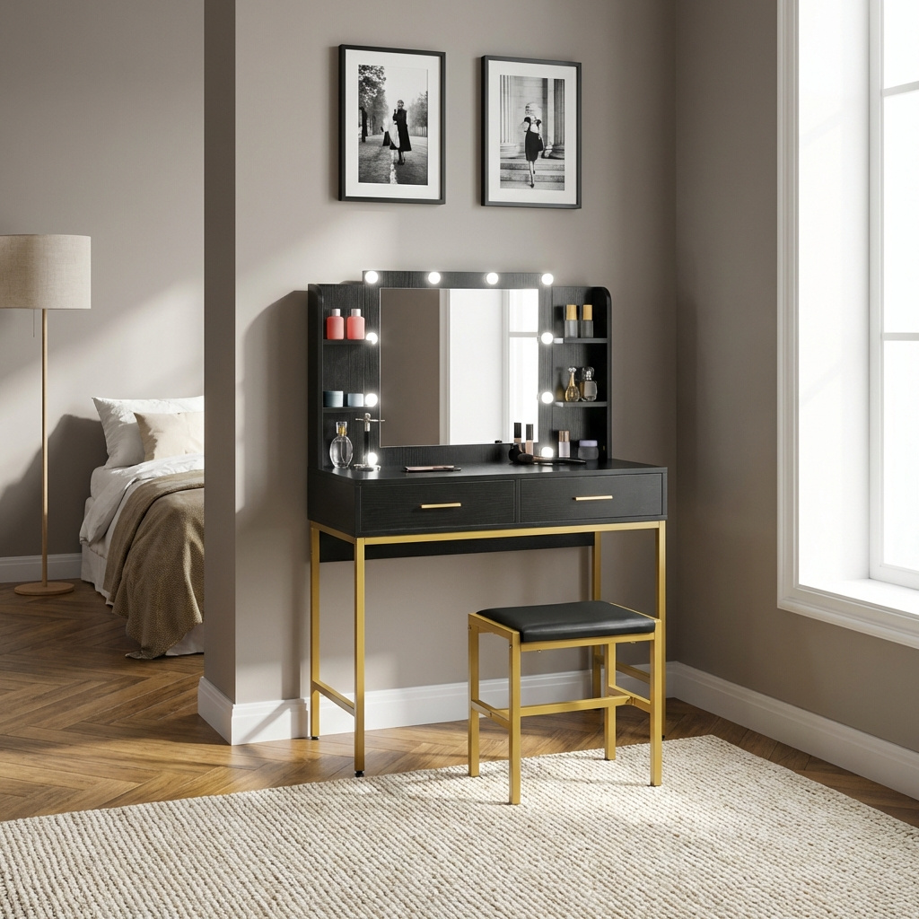 DecHome BKA856F Toeletta trucco con Specchio Sgabello Luci LED 90x45x132,5 cm NeroOro
