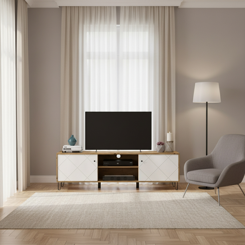 DecHome BOLLO2ROWH Mobile TV Moderno 55,2x183,4x40 Bianco e Rovere Bollo