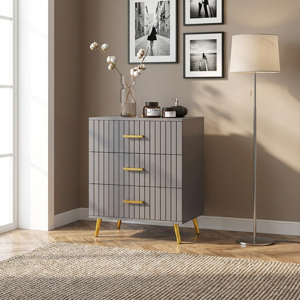 DecHome CGA509F Cassettiera Camera da Letto 3 Cassetti Legno 60x40x71,5 OroGrigio Scuro