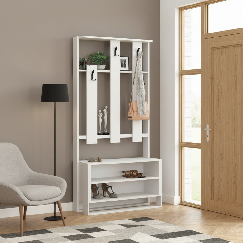 DecHome CHESTERBI Mobile Ingresso Appendiabiti Moderno in Legno 90x36x180cm Bianco Chester