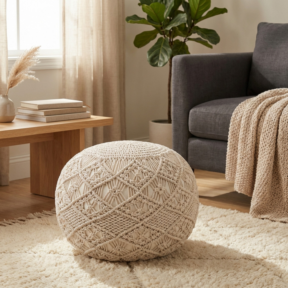 DecHome CN802909 Pouf Poggiapiedi Tondo in Cotone 40x40 cm Bianco