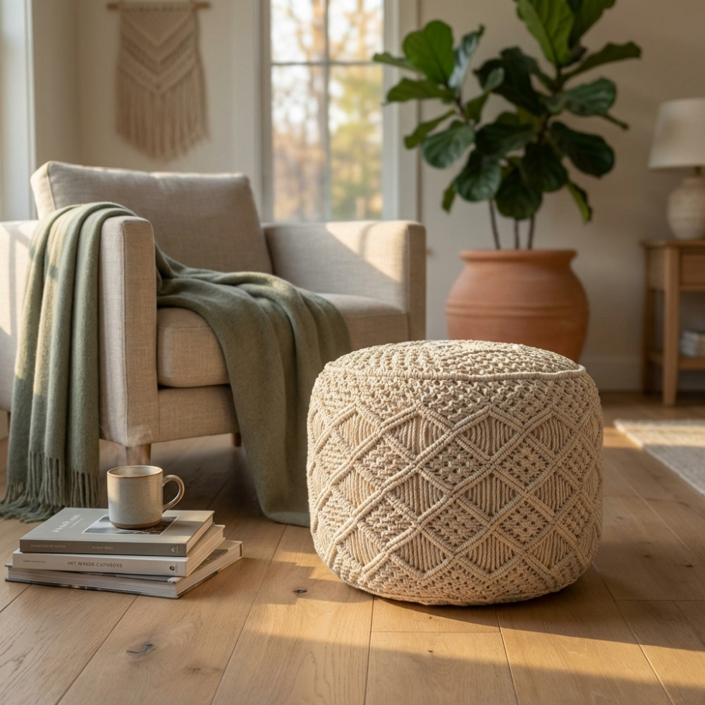 DecHome CN802911 Pouf Poggiapiedi Tondo in Cotone 45x45 cm Bianco