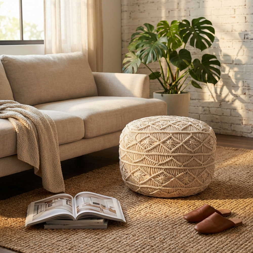DecHome CN802912 Pouf Poggiapiedi Tondo in Cotone 45x45 cm Bianco