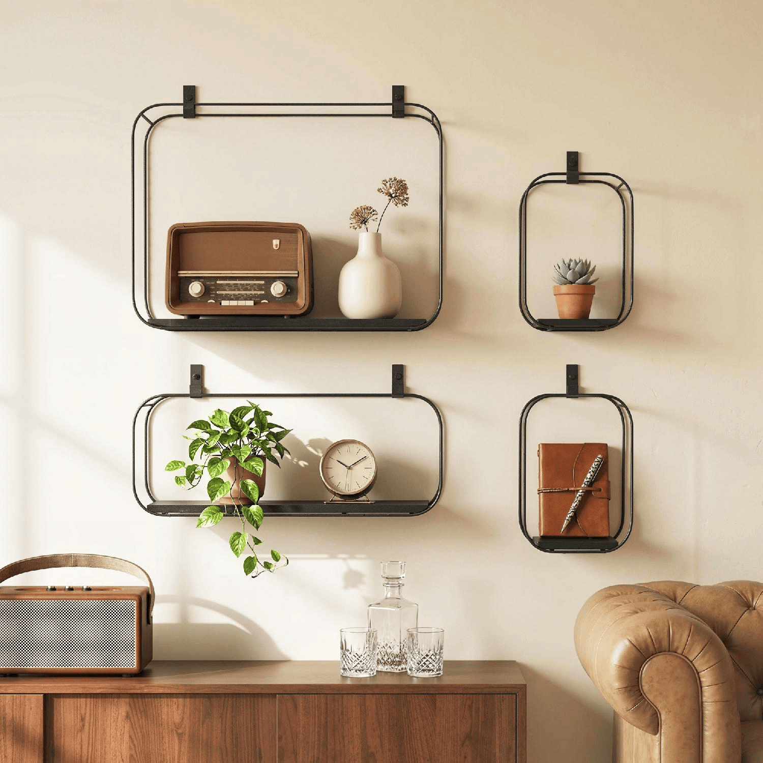 DecHome DA3980BK Set 4 Mensole Flottanti Geometriche per Soggiorno in Filo Metallico Nero