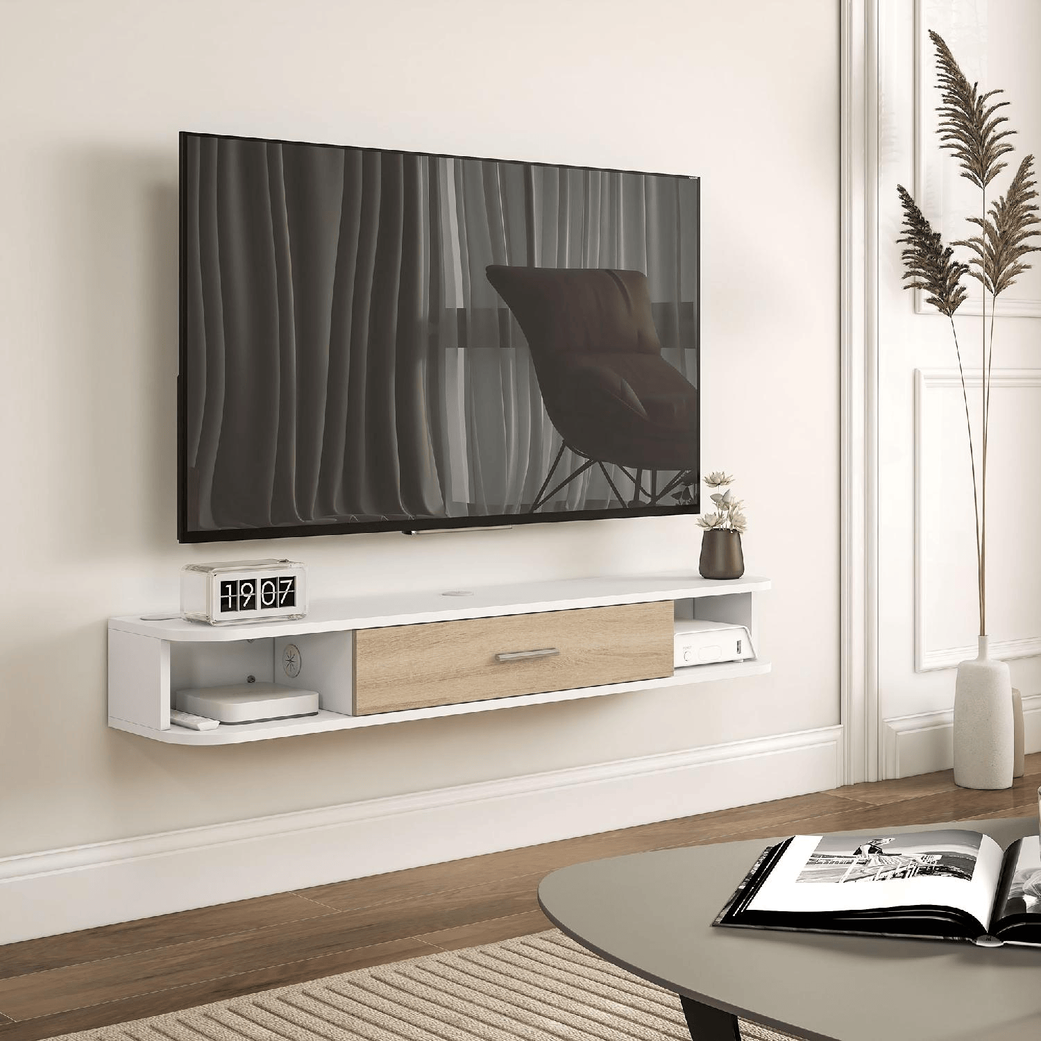 DecHome DA4190AK Mobile TV Sospeso Moderno 1 Anta a Ribalta 2 Ripiani 120x26x16 cm Bianco