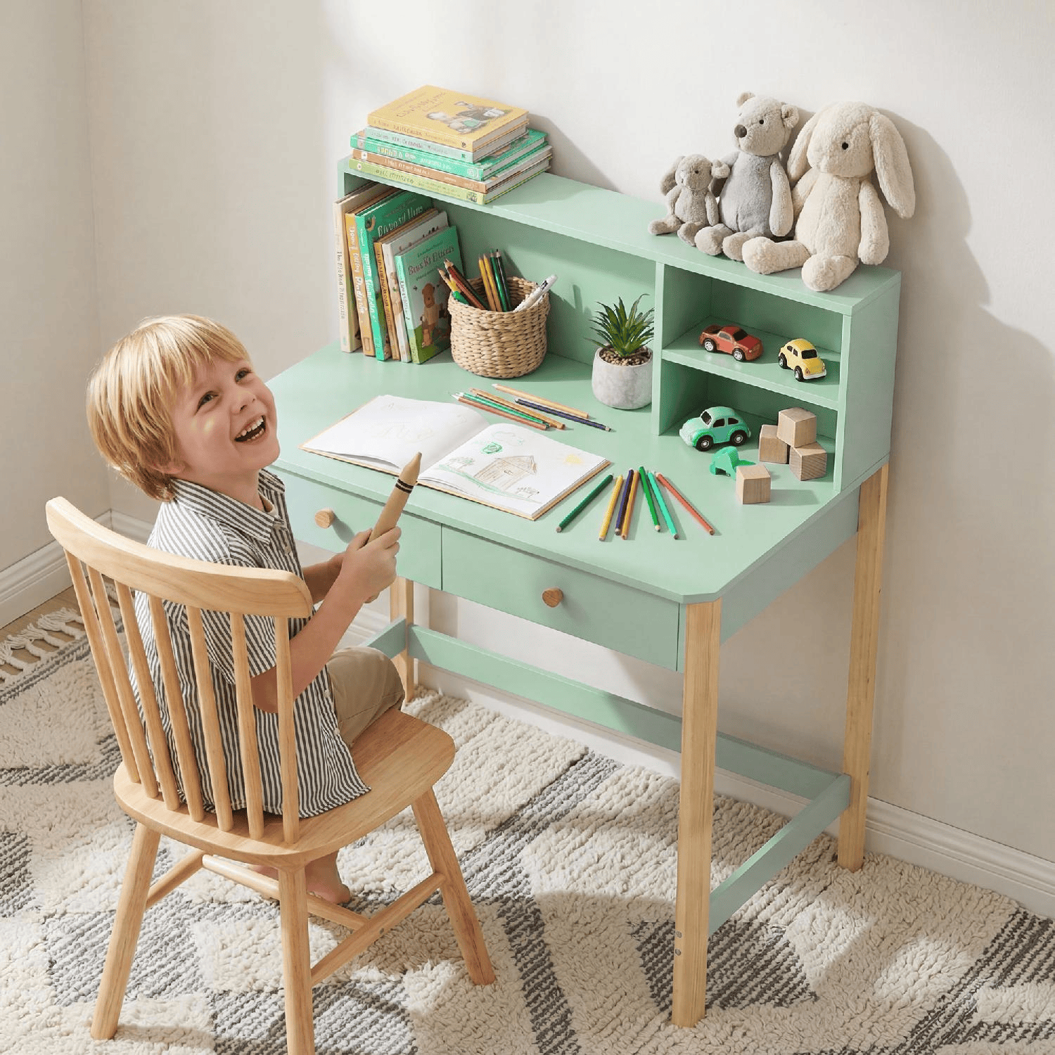 DecHome DA5160GN Scrivania Bambini 5-12 Anni 2 Cassetti 3 Ripiani Legno 90x52x105cm Verde