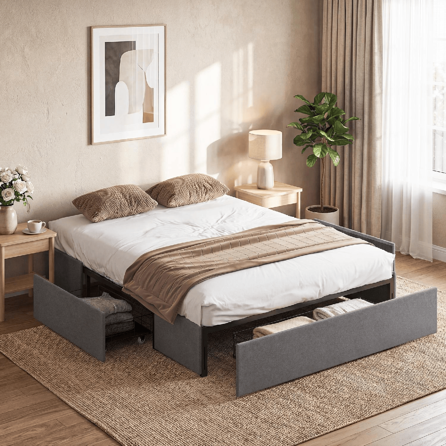 DecHome DA6491GY Letto Matrimoniale 165x193 cm 3 Cassetti LegnoPoliestereMetallo Grigio