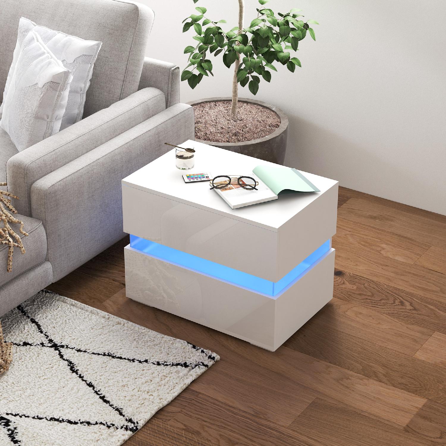 DecHome 871DHWT Comodino Camera da Letto 2 Cassetti con Luci LED 60x39x47 Bianco