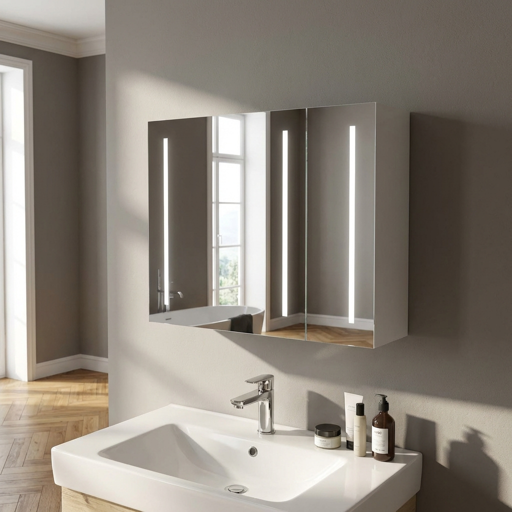 DecHome DH83432 Mobile con Specchio Bagno e Luci LED 3 ante 90x15x70 cm Bianco
