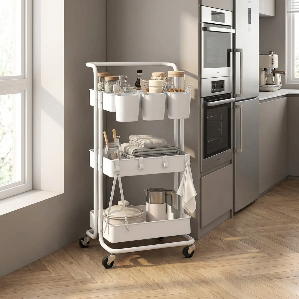 DecHome EF334WT Carrello Cucina Multiuso in Acciaio e Plastica 42x38x86,5 cm Bianco