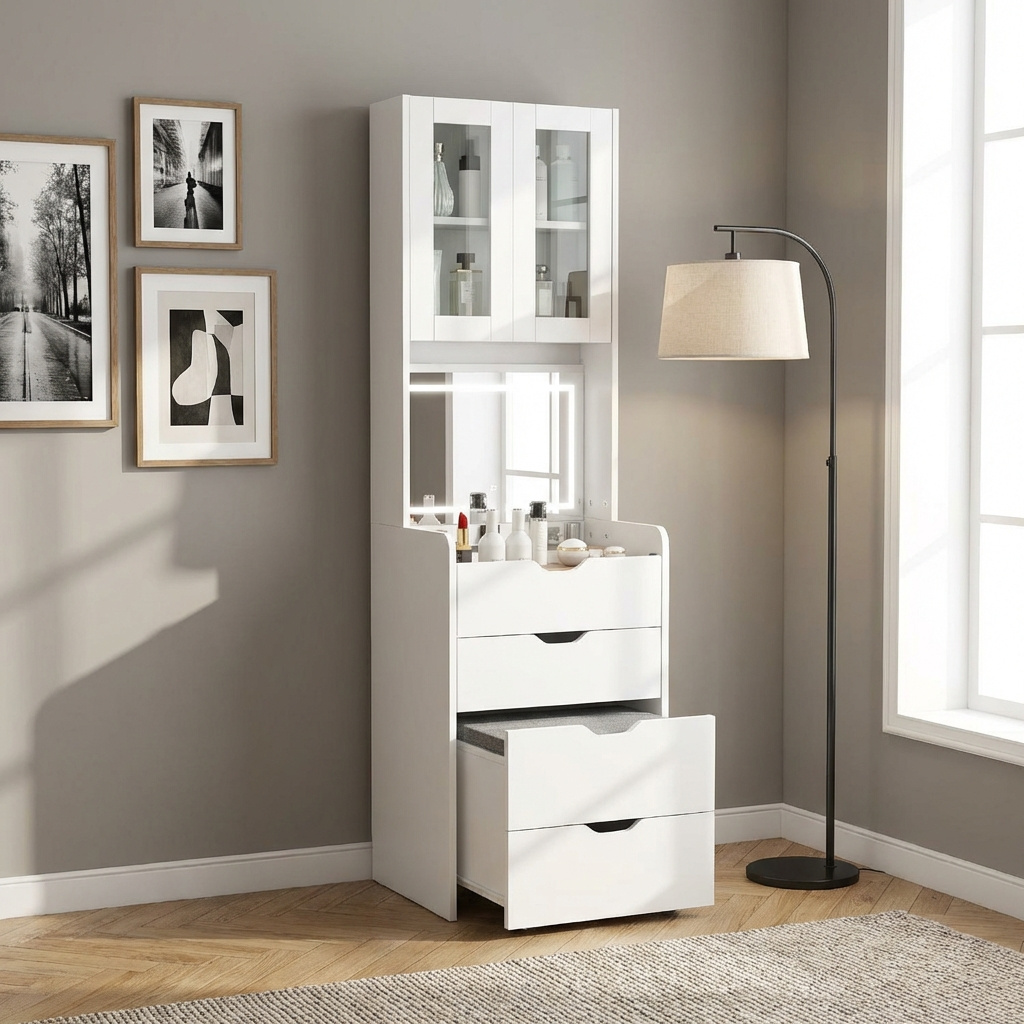 DecHome EF548WT Toeletta trucco Specchio Sgabello estraibile Luci LED 50x40x160cm Bianco