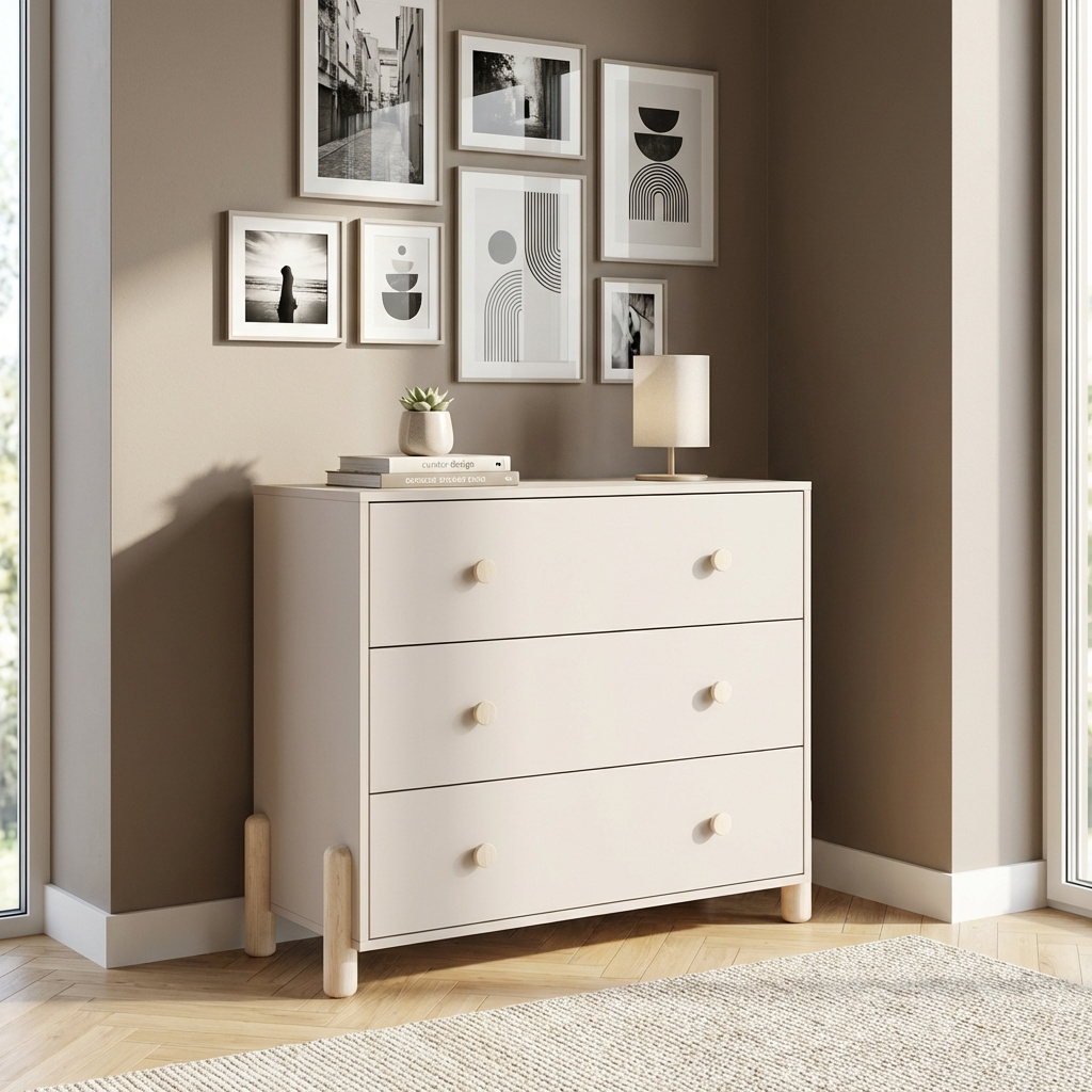 DecHome ENOLA18121 Cassettiera Camera da Letto 3 Cassetti Legno 97,5x40x80 Beige Enola