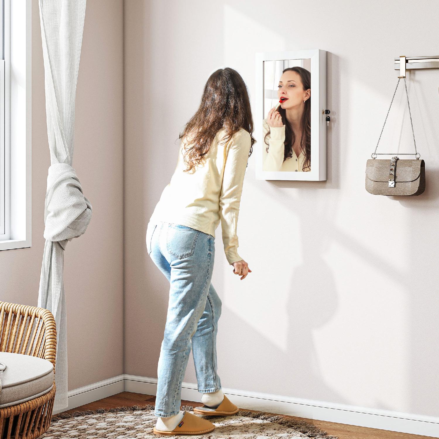 DecHome F913YL Mobiletto Portagioie a Specchio con Design a Muro in Legno 36.5x9.5x67cm Bianco