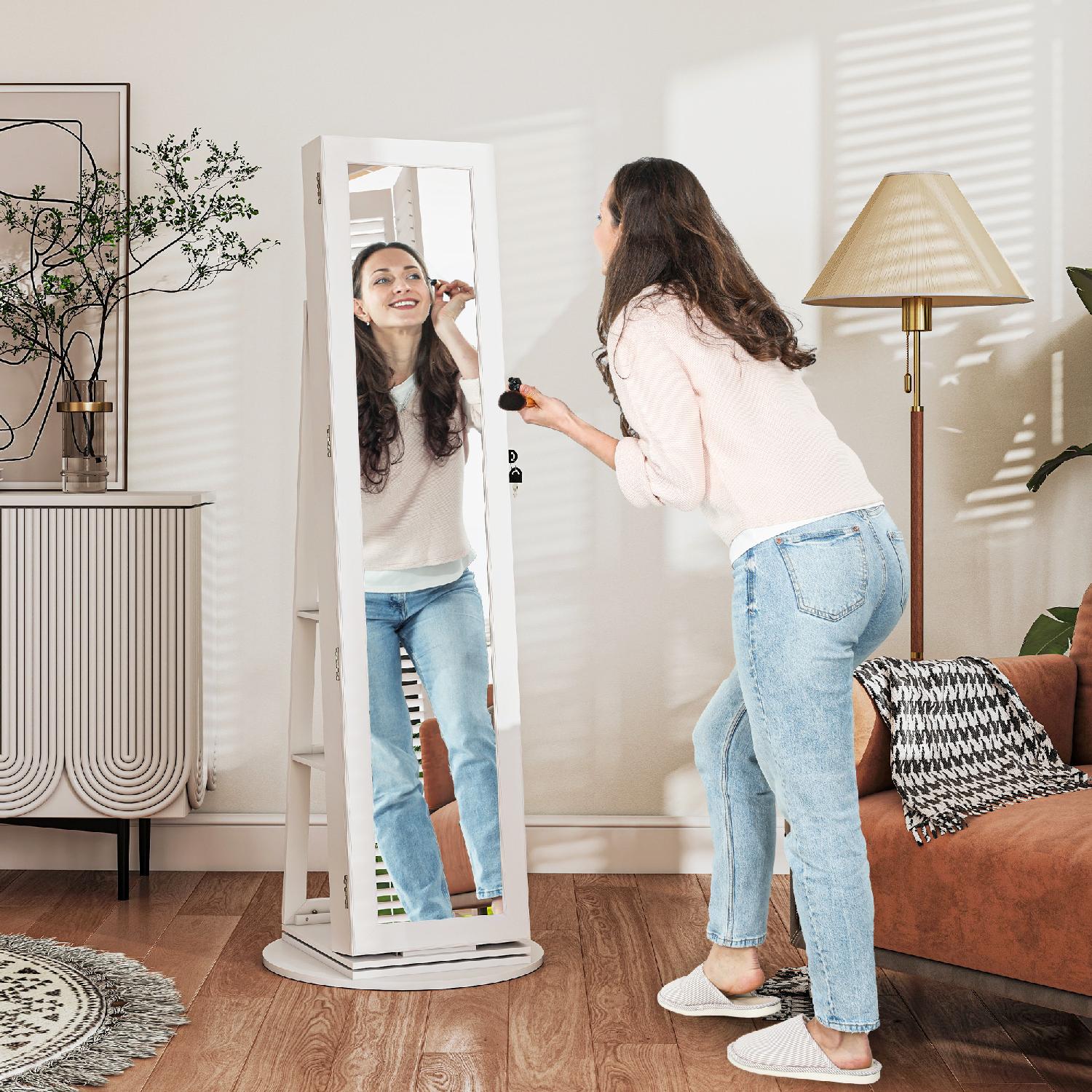 DecHome F976WT Specchio Portagioie 3 in 1 Girevole Ripiani Posteriori e Anta con Chiave Bianco