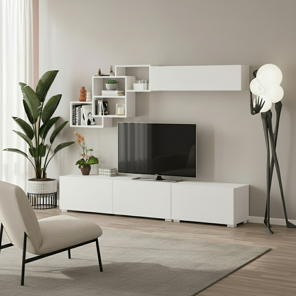 DecHome FREEBI Parete Attrezzata Mobile TV + Mobile a Parete 210x35x39 Bianco Free