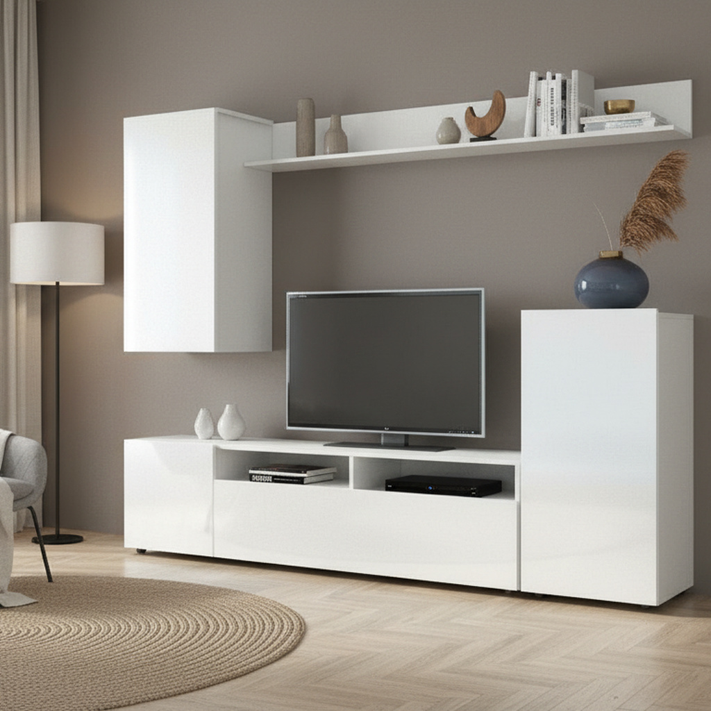 DecHome GRK03110 WHITE GLOS Parete Attrezzata Mobile TV + Mobile a Parete 207x170x34 Bianco Lucido