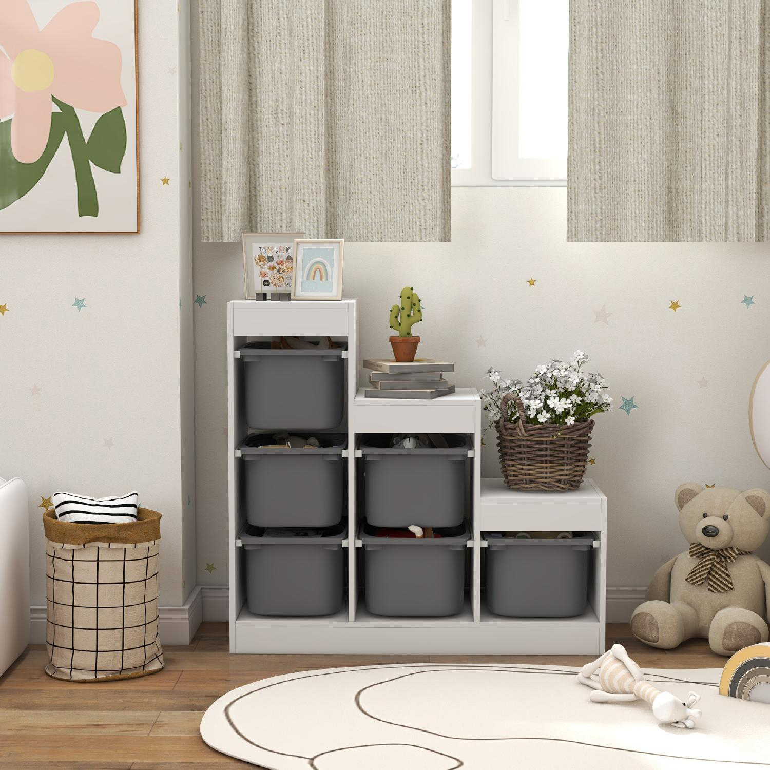 DecHome GYA725F Scaffale Portagiochi a 3 Livelli 6 Contenitori 3-8 Anni Grigio