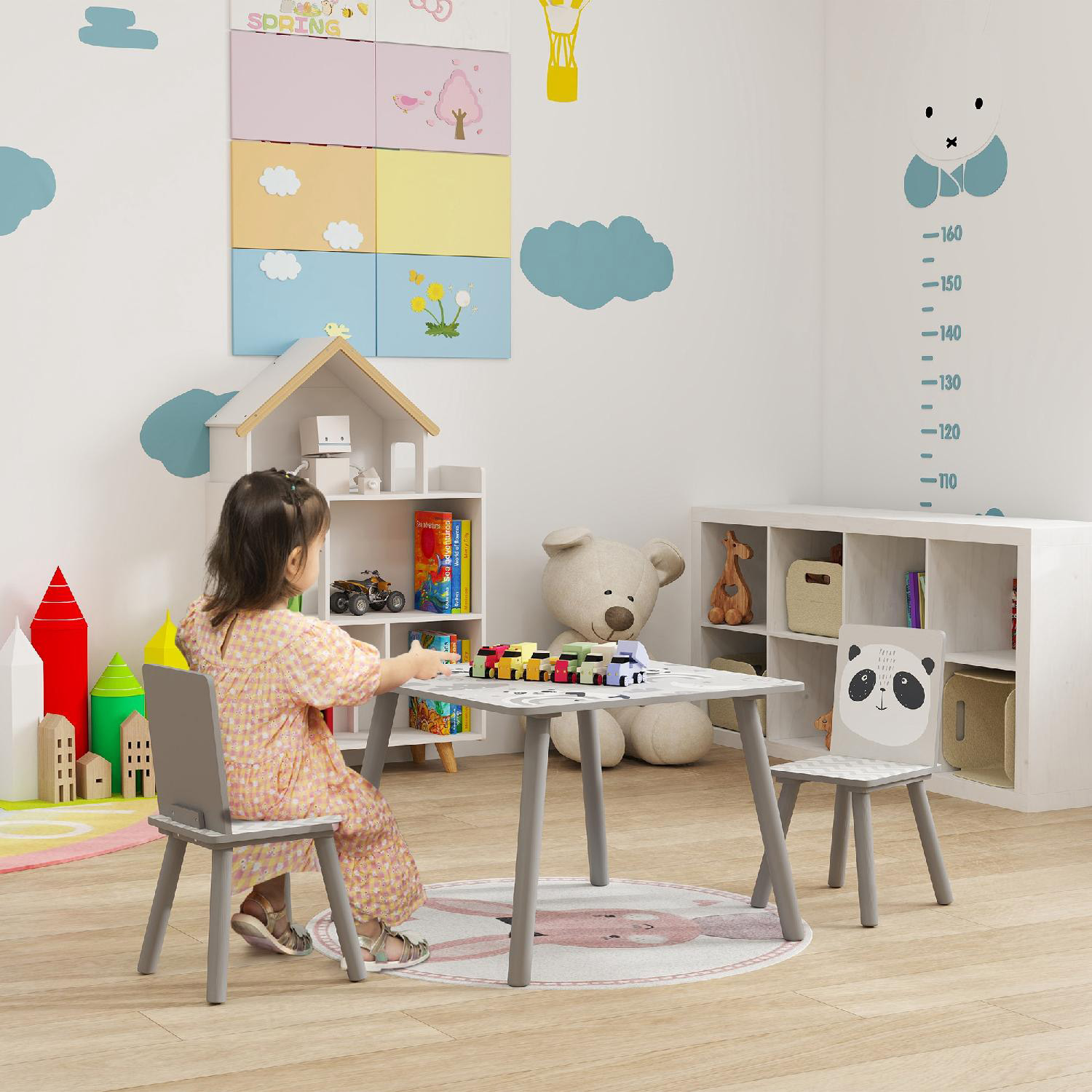 DecHome GYEF373 Set Tavolino e 2 Sedie Bambini 3-8 Anni in Mdf e Legno Grigio