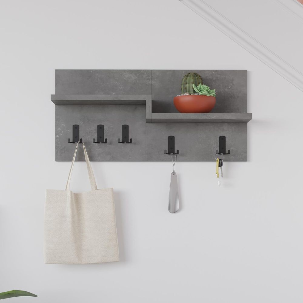 DecHome HARMONCEM Appendiabiti 5 Ganci e 2 Mensole Retro Grey 65X13.2X31 cm