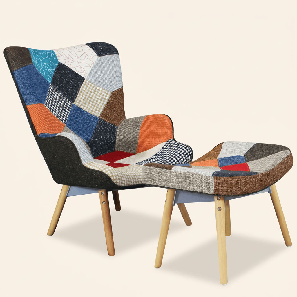 DecHome HF807073 Poltrona Vintage in Tessuto Pouf Poggiapiedi 53x47x82 Multicolore