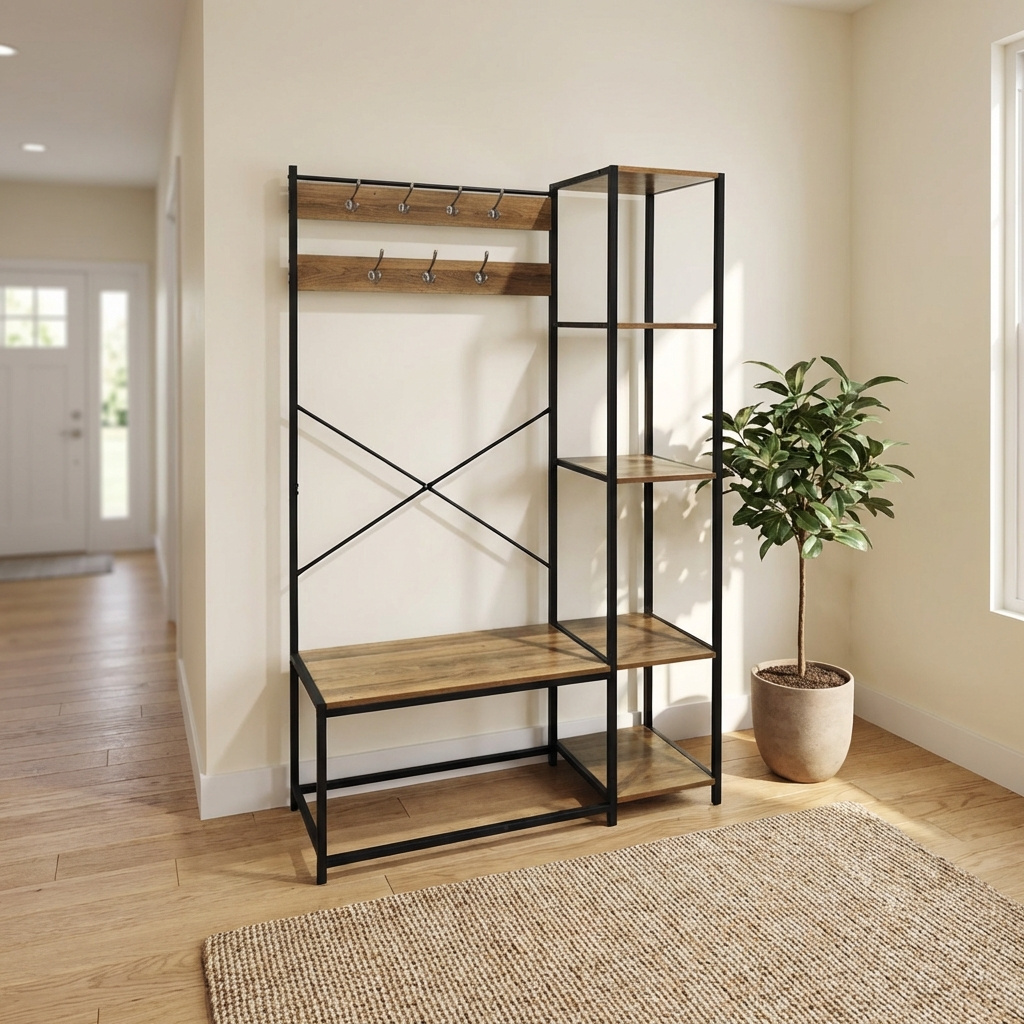 DecHome IND7448AW02-20A Mobile Ingresso Appendiabiti Industriale 110x40x180 cm NeroQuercia