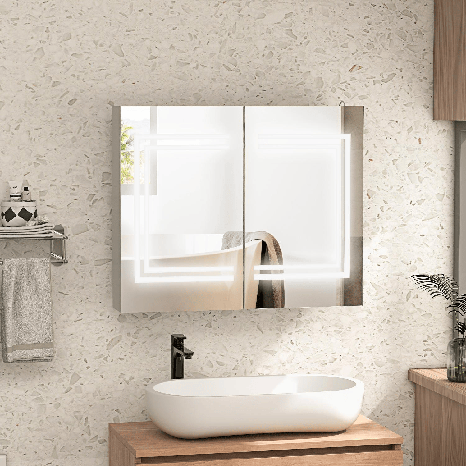 DecHome K1610WT Mobile con Specchio Bagno e Luci LED 2 Ante 80x15x65 cm Bianco Lucido