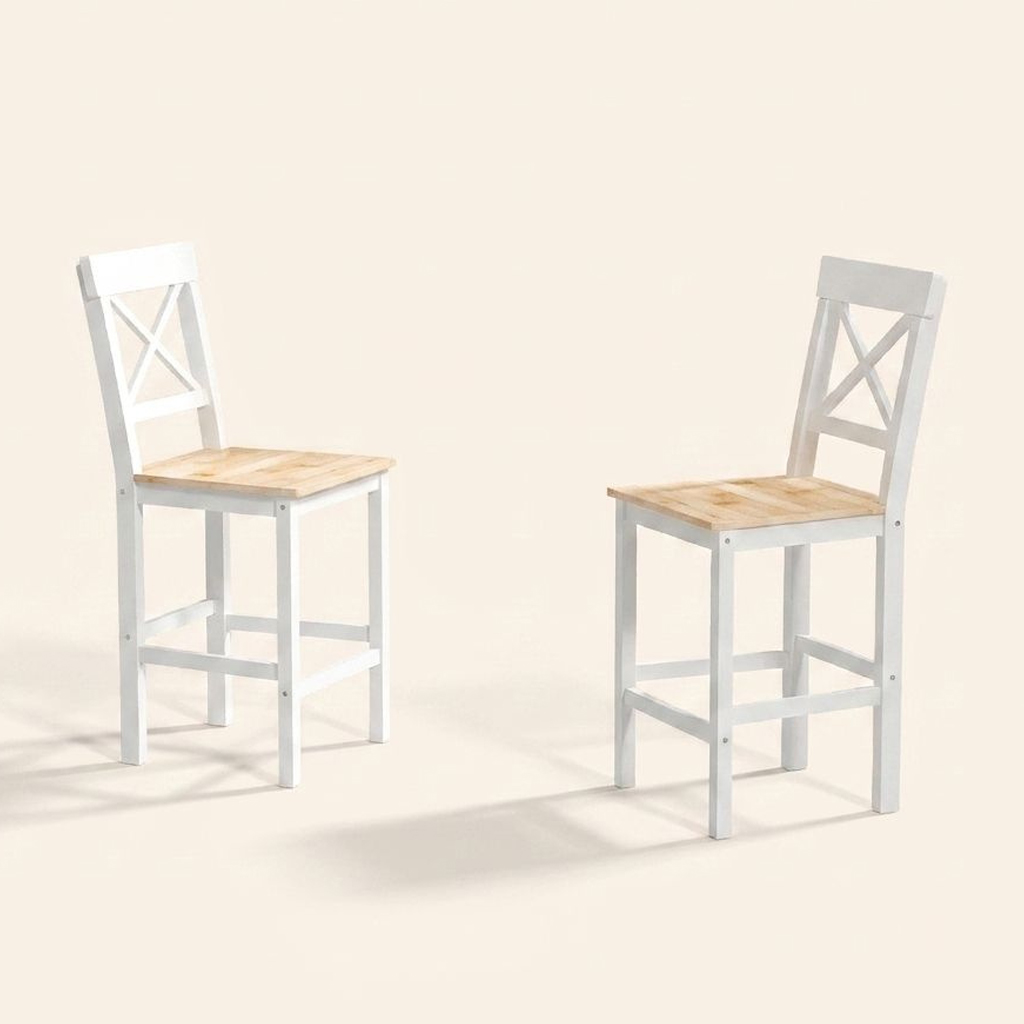 DecHome K1620ND Set 2 Sgabelli Cucina Bar Alti Rustico in Legno di Pino NaturaleBianco