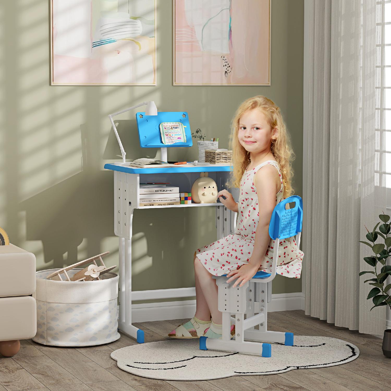 DecHome K574BU Banco Scuola per Bambini 6-12 Anni con Leggio in Acciaio e Mdf Blu