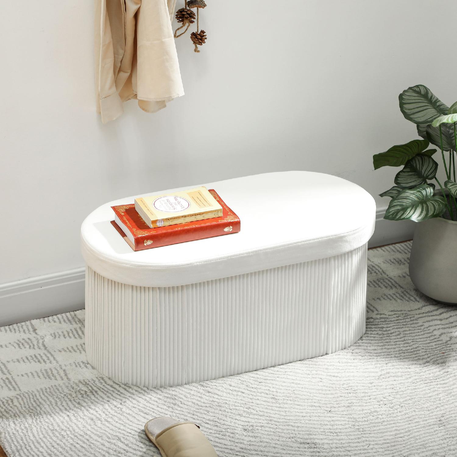 DecHome K7630CW Cassapanca in Velluto Panca Contenitore Pieghevole 76x38x35 cm Crema