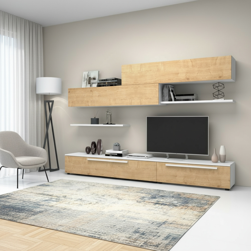 DecHome KOMBATRO Parete Attrezzata Mobile TV + Parete 260x42x220 RovereBianco Kombat