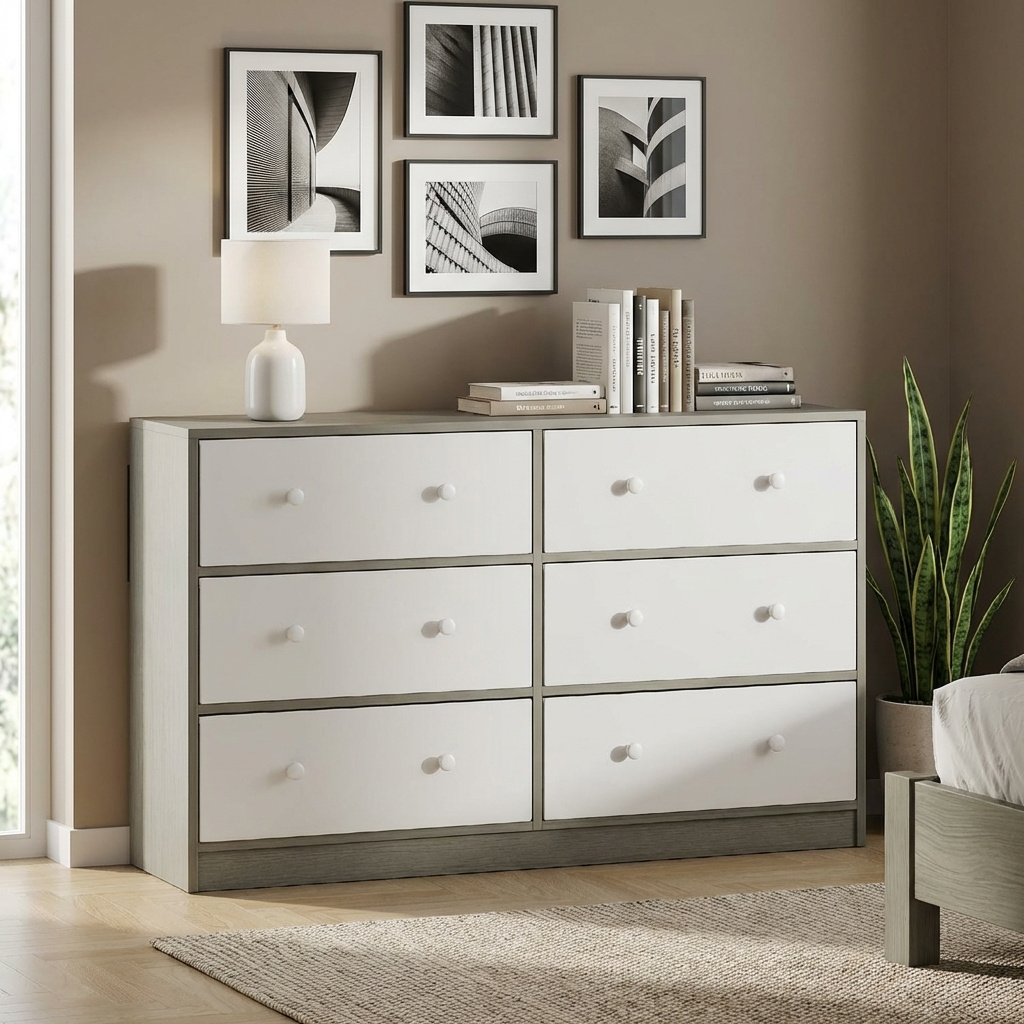 DecHome L3980WT Cassettiera Camera da Letto 6 Cassetti Legno 114x30x70 BiancoGrigio