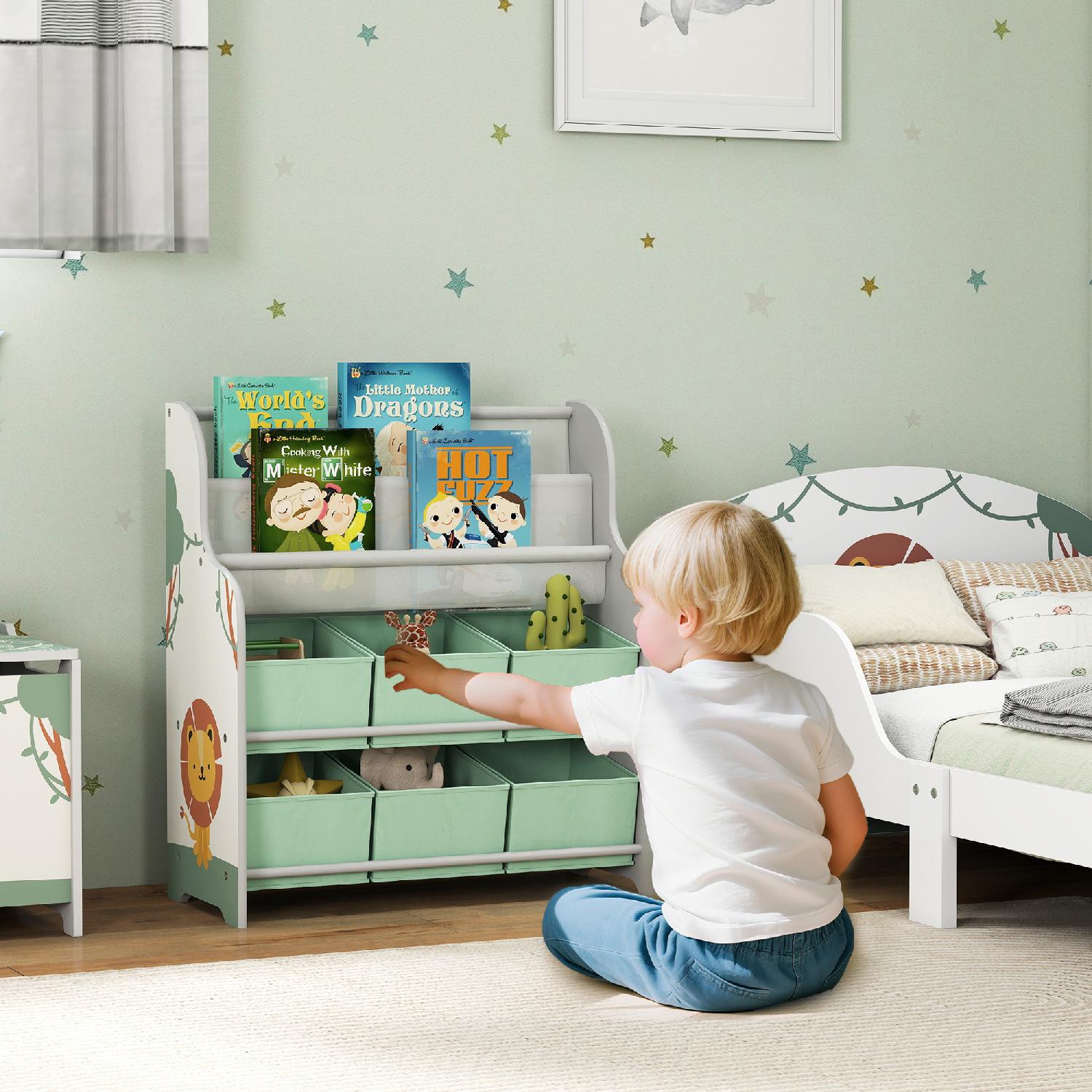 DecHome L5680GN Scaffale Portagiochi 6 Cassetti in Tessuto e Libreria a 2 Livelli Verde