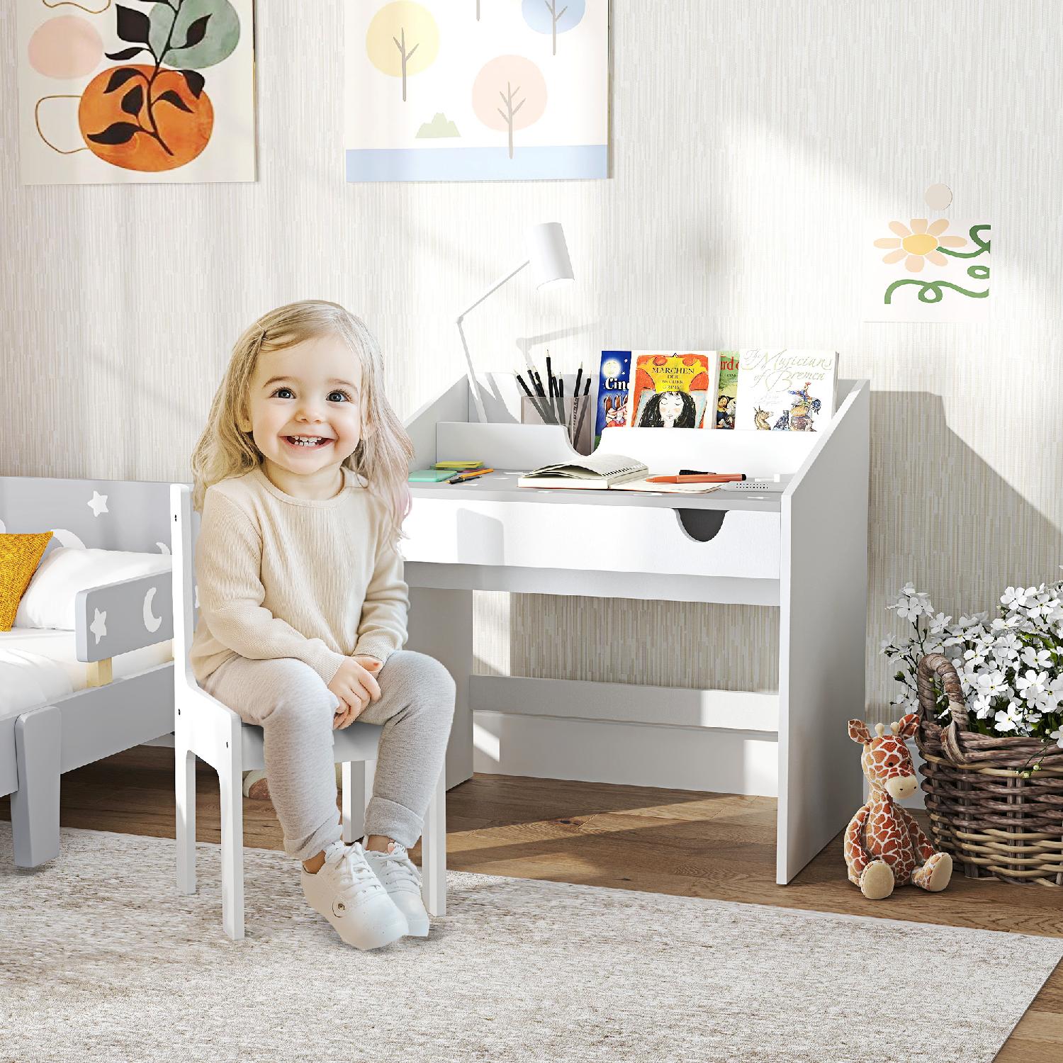 DecHome L6371GY Set Sedia e Tavolino Bambini 3-6 Anni con Cassetto Estraibile Grigio