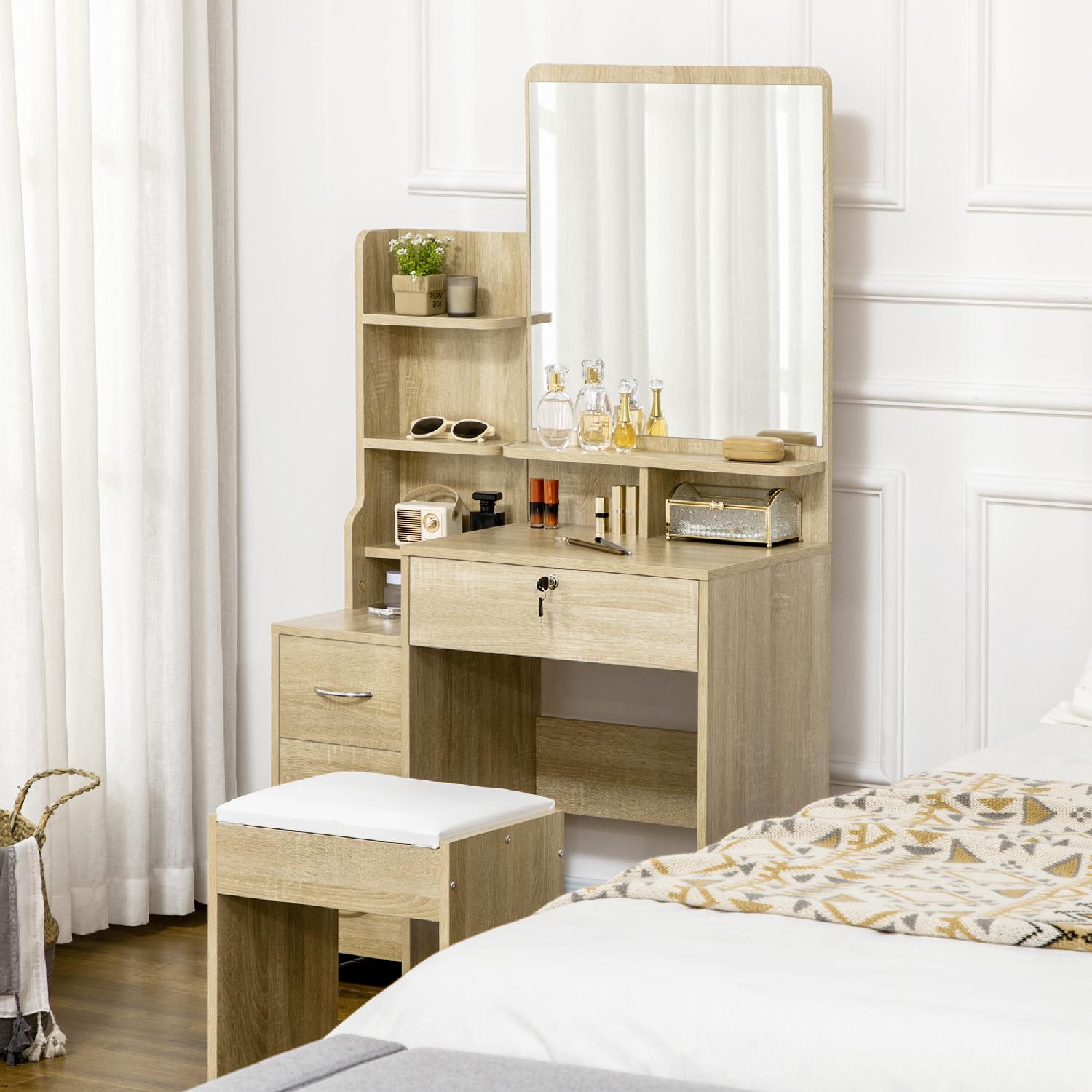 DecHome L6885ND Toeletta Trucco con Specchio Moderna con Sgabello 80x38x143 cm Legno