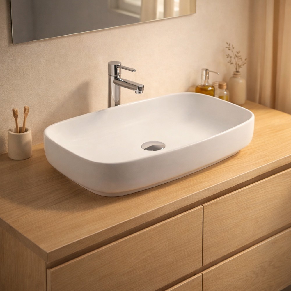 DecHome LAV43560 Lavabo da Appoggio in ceramica 60x38x14 cm Bianco Lucido