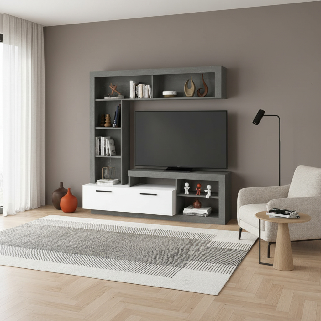DecHome LEOCEM Parete Attrezzata 171x42x171 Cemento Bianco Leo