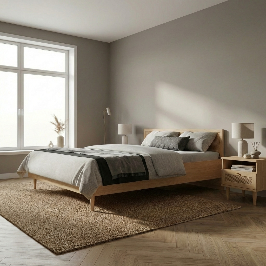 DecHome LIVIALETTOROV Letto Matrimoniale Legno Massello Rattan 167.4x206x90 cm Rovere