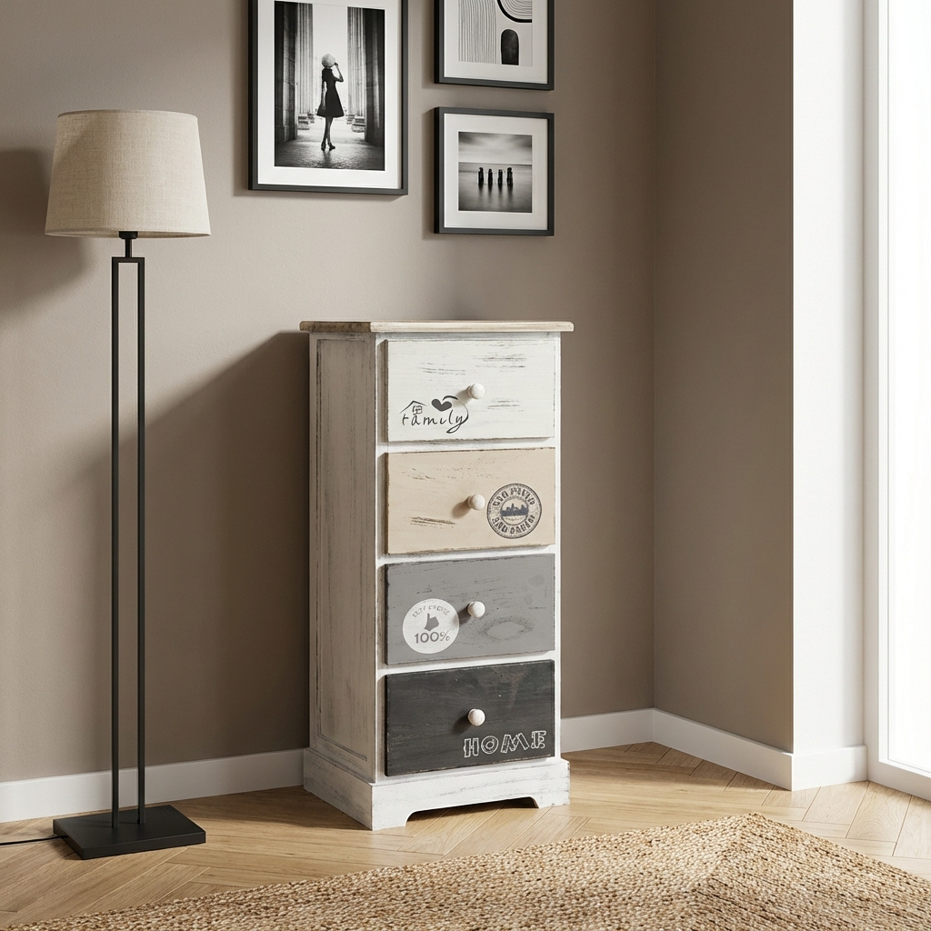 DecHome MB800424 Cassettiera 4 Cassetti Legno 29x25x72 Marrone ChiaroGrigio