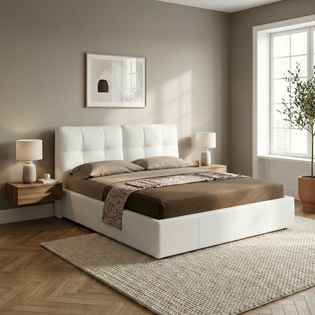 DecHome MELIA160BI Letto Matrimoniale Contenitore Rete Doghe 182x220x109 cm Ecopelle Bianco