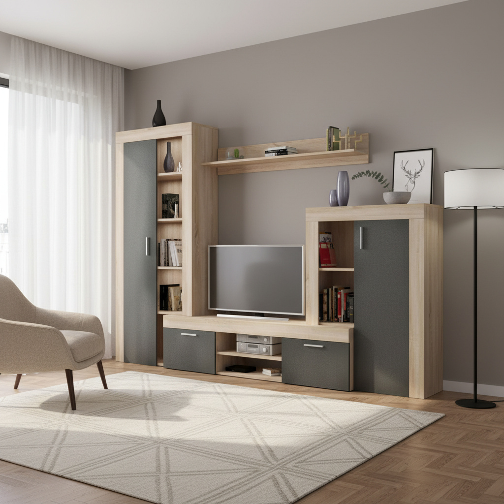 DecHome MK801403 Parete Attrezzata 263x40x200 Antracite e Quercia Radioso