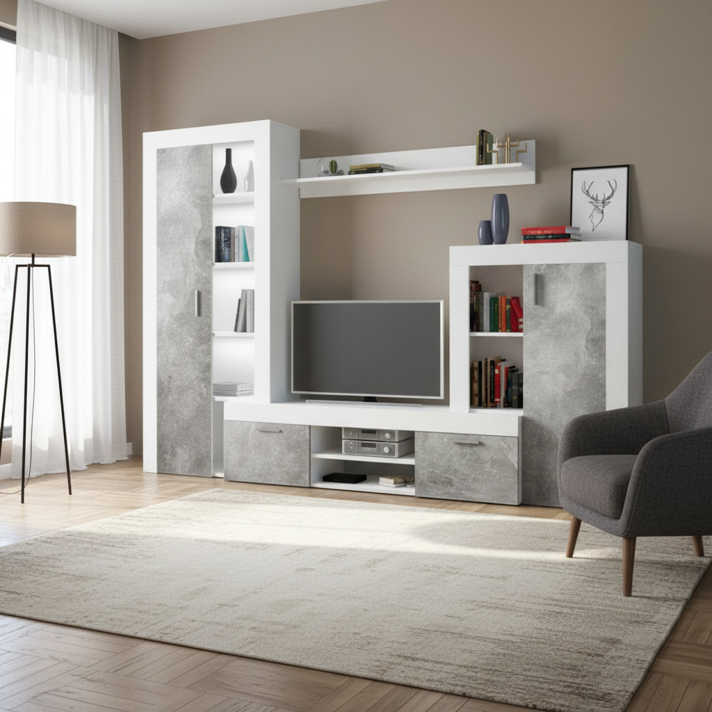 DecHome MK801404 Parete Attrezzata 263x40x200 Bianco e Cemento Radioso