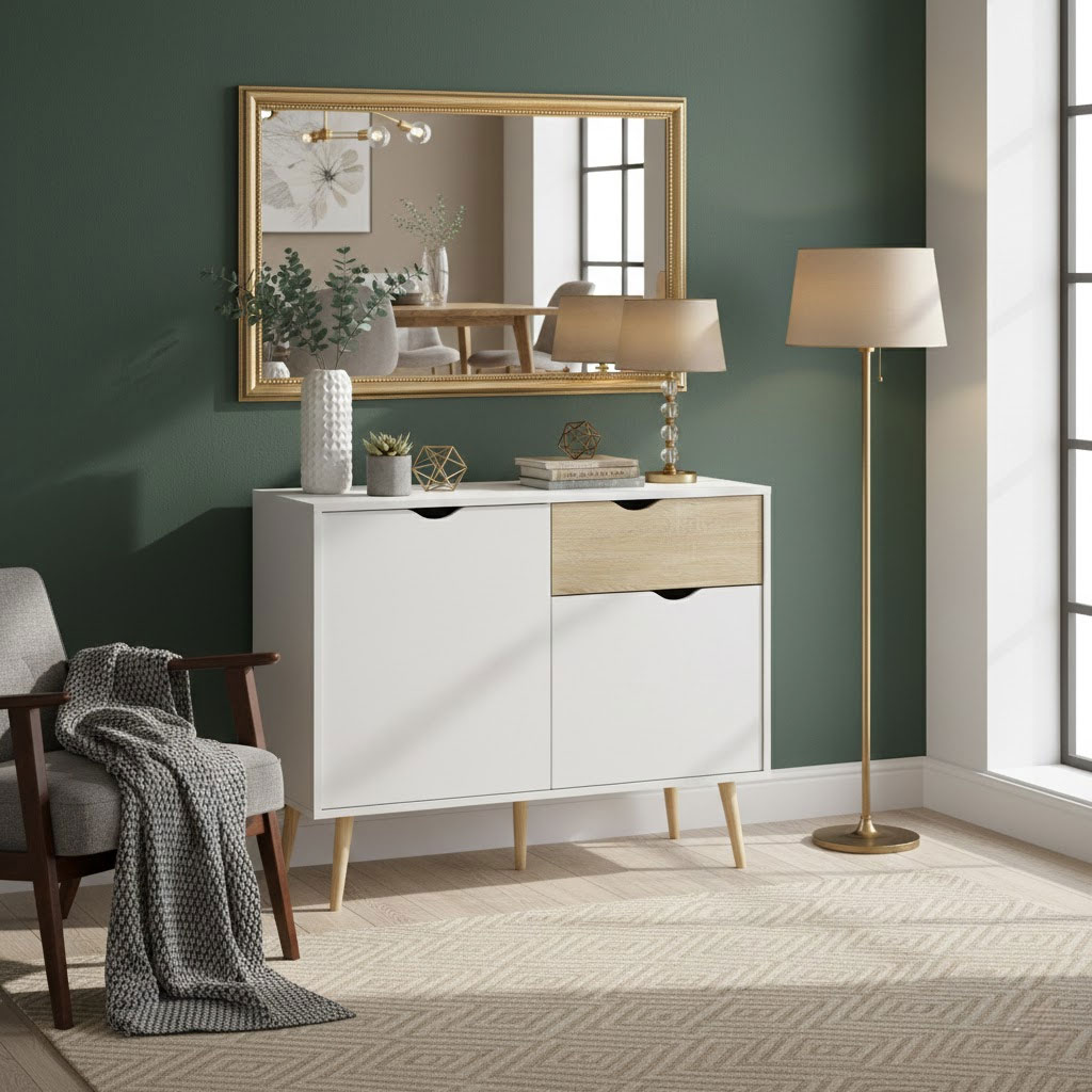 DecHome MO806446 Mobile Soggiorno Moderno 99x82h Legno 1 Anta e 2 Cassetti Bianco