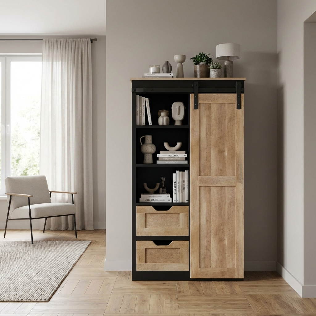 DecHome MO806801 Libreria 3 Ripiani 2 Cassetti 1 Anta scorrevole Legno 80x40x160 cm Nero