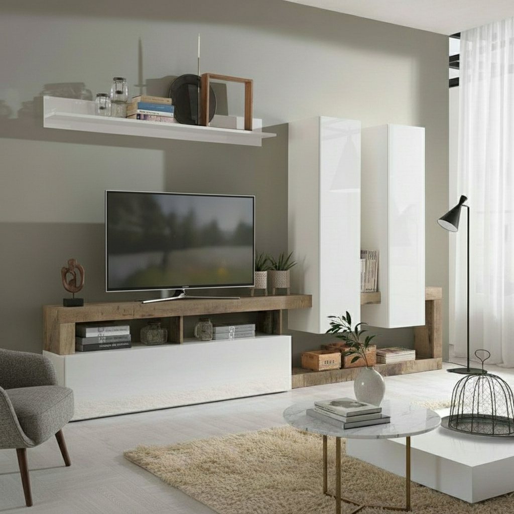 DecHome MOGOLSOBIPENEW Parete Attrezzata Mobile TV Mensola 277x35x200 Bianco LucidoPero Mogol