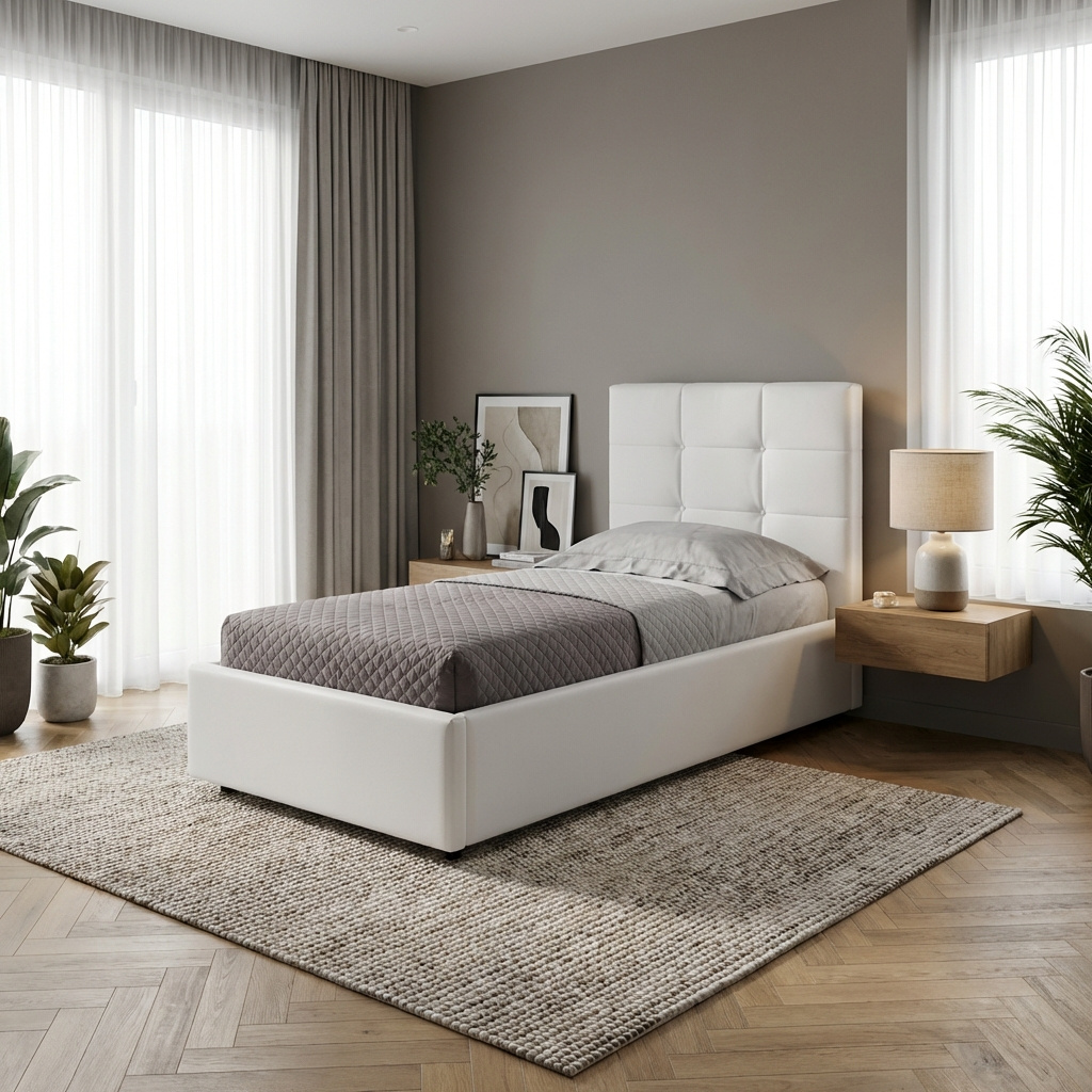 DecHome NAPOLIBI80 Letto Singolo Contenitore Rete Doghe Ecopelle 94x205x105 cm Bianco