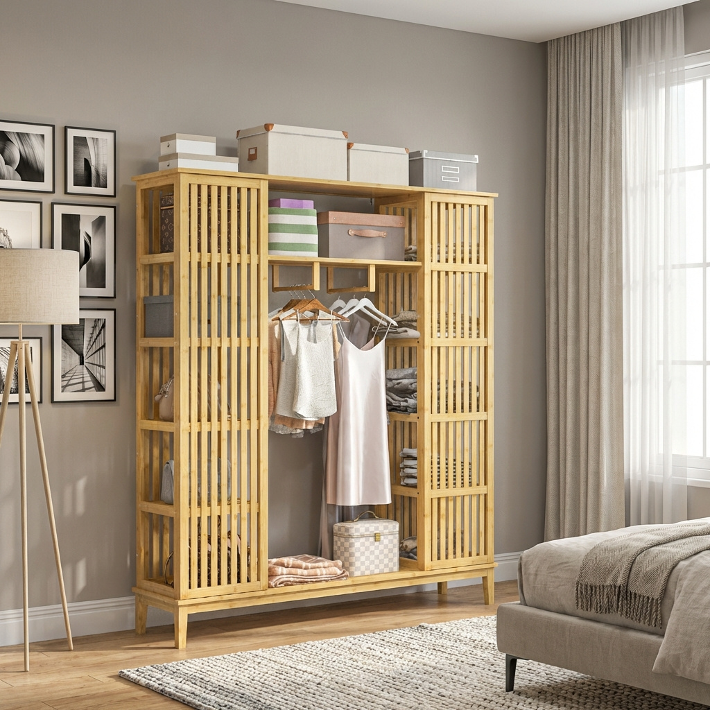 DecHome NDA455F Armadio Guardaroba a Giorno Bamb� 145x35x165 cm Legno Naturale