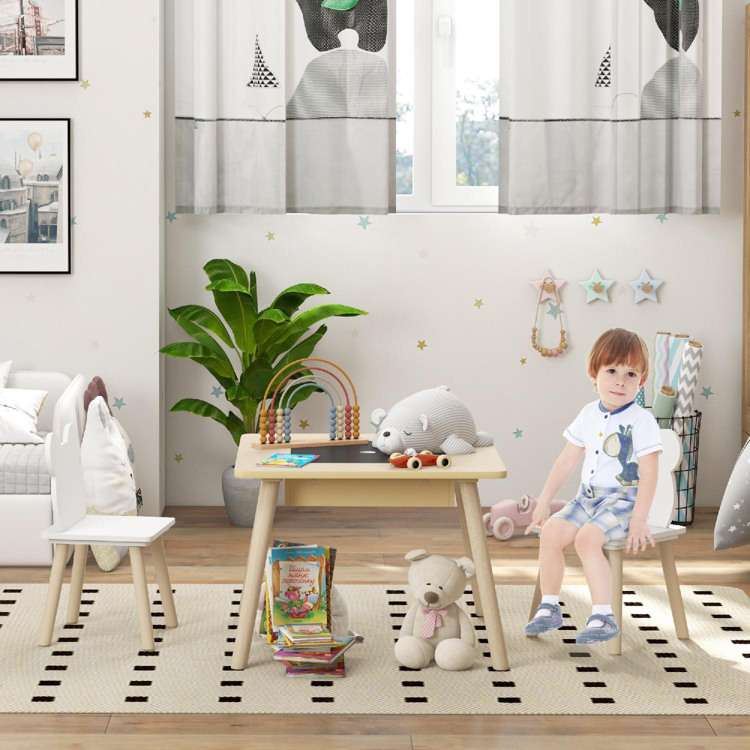 DecHome NDA820F Set per Bambini Tavolo e 2 Sedie Schienale a Orsetto 3-6 Anni