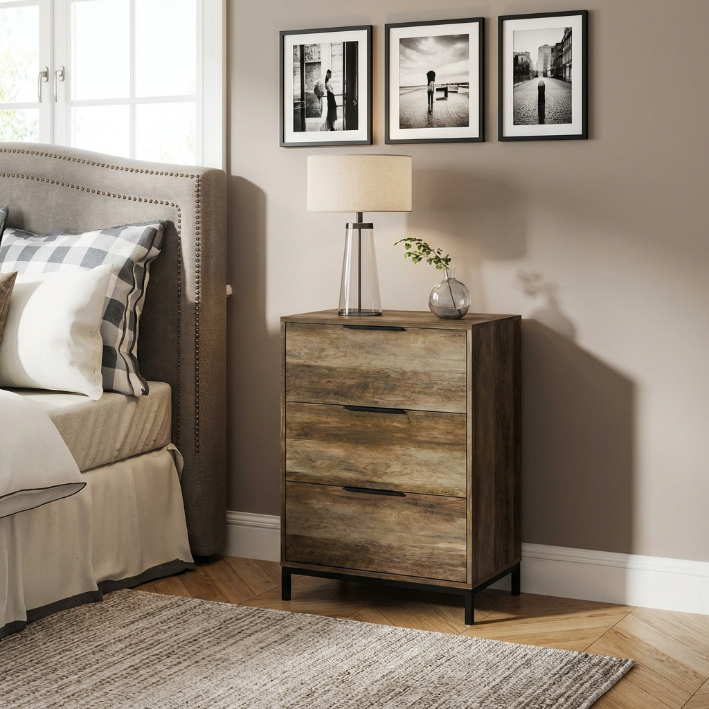 DecHome NDEF254 Cassettiera Camera da Letto 3 Cassetti Legno 62x35x82 Marrone Scuro