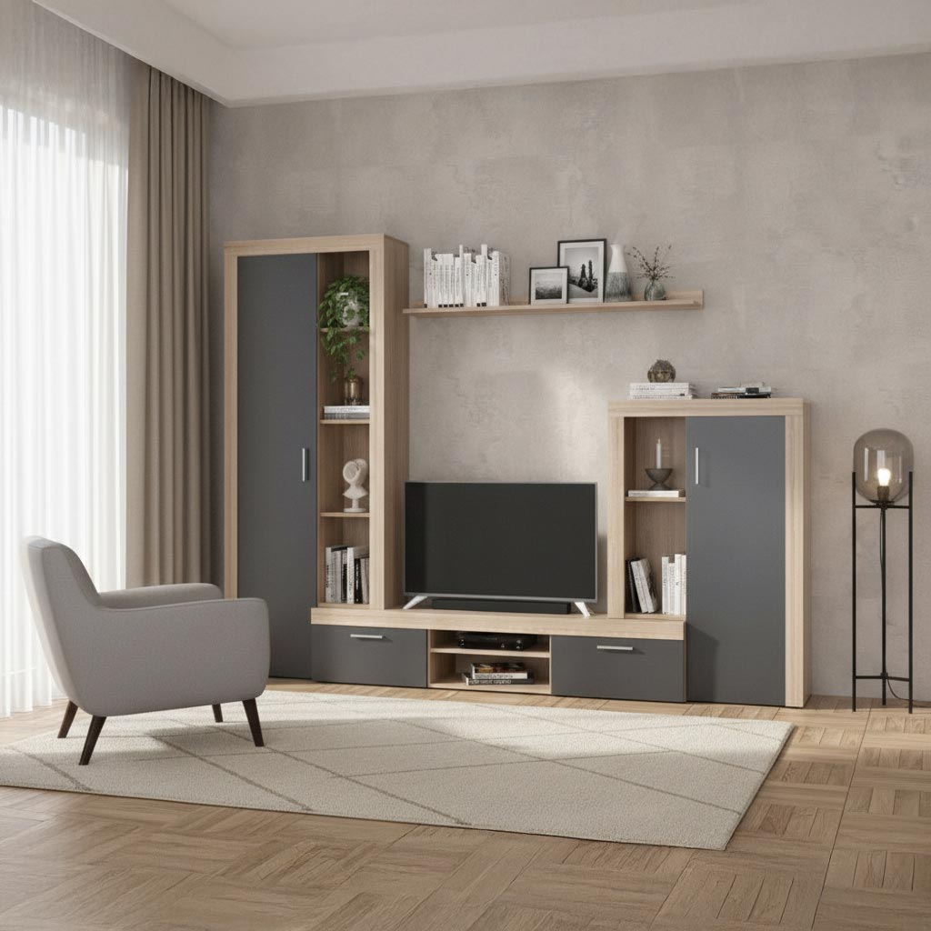 DecHome NOBELROGR Parete Attrezzata 263,1x40x202,1 Rovere SonomaGrafite Nobel