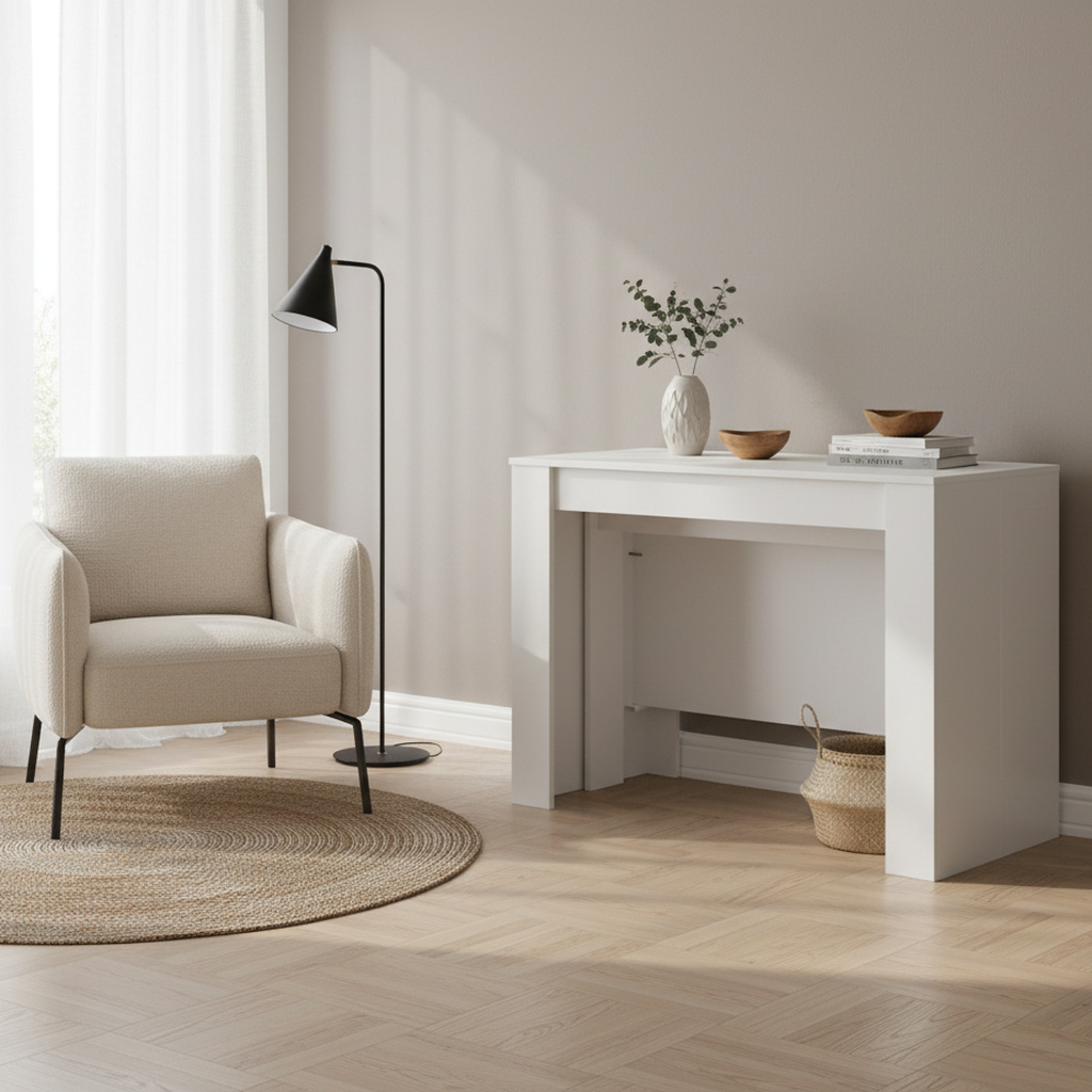 DecHome OFELIABI Tavolo Consolle Allungabile Ingresso 50-300x90x76 Bianco Effetto Lucido